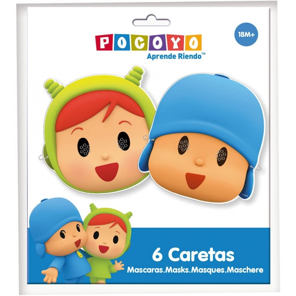 Confezione da 6 mascherine di Pocoyo e Nina, in cartoncino, per compleanni