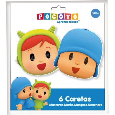 Confezione da 6 mascherine di Pocoyo e Nina, in cartoncino, per compleanni