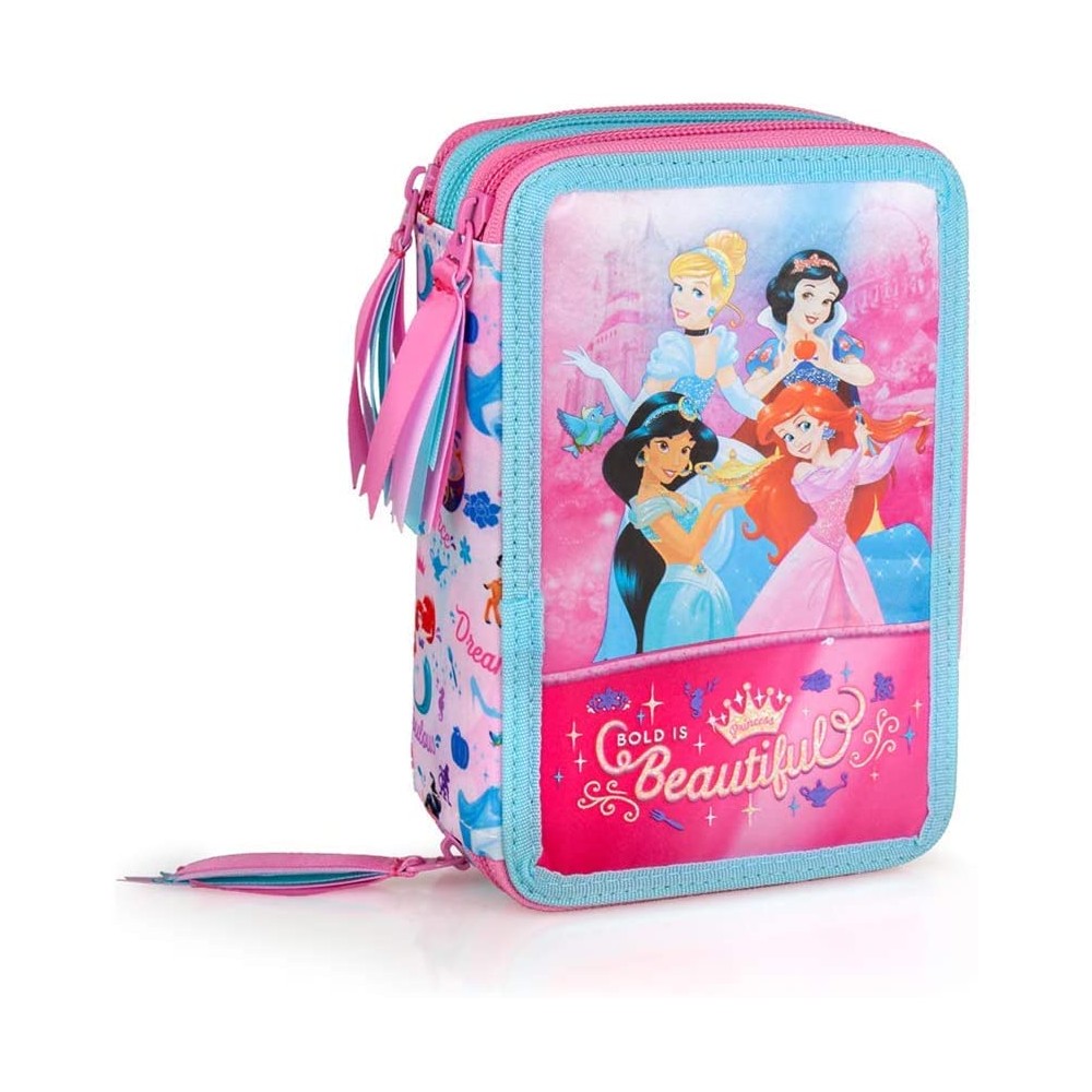 Astuccio Scuola Principesse Disney, 3 scoparti, completo di accessori