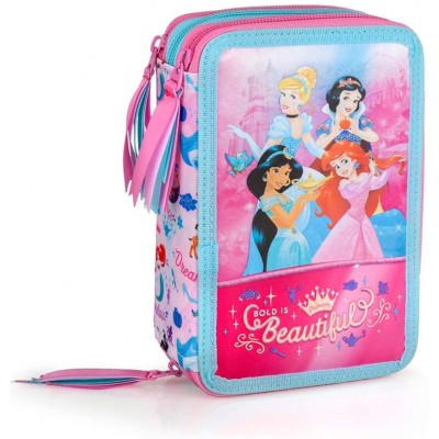 Astuccio Scuola Principesse Disney, 3 scoparti, completo di accessori